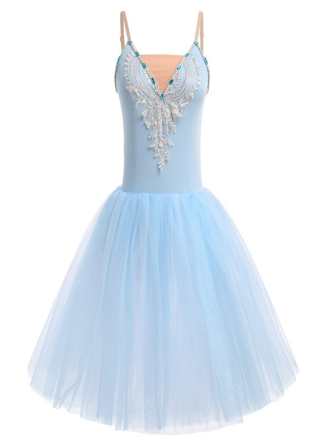 IBAKOM Ballet Leotard for Women Swan Lake Costume Floral Print Professional Ballerina Tulle Tutu Dance Dress Adult Ballet Camisole Leotard Dance Maxi Skirt Dance Competition Dresses Sky Blue S - Image 1